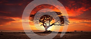 Silhouette of a Lone Tree at Sunset - AI Generated