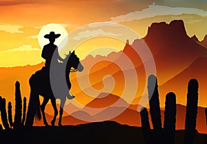 silhouette of a lonely cowboy riding a horse with sunset background