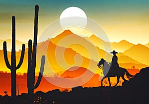 silhouette of a lonely cowboy riding a horse with sunset background