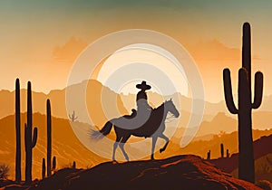 silhouette of a lonely cowboy riding a horse with sunset background