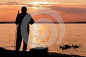 Silhouette of an lonely elderly man at sunset feeding ducks