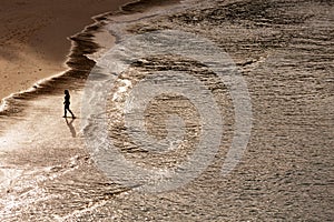 Silhouette of lonely walking woman on the beach with sunlight reflection