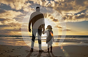 Silhouette, love and beach with father and girl on Cancun holiday for travel, summer and wellness. Family, sunset and