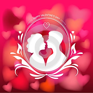 Silhouette of love couple isolated on romantic hearts background. Vector Illustration for Valentines day, 14 february