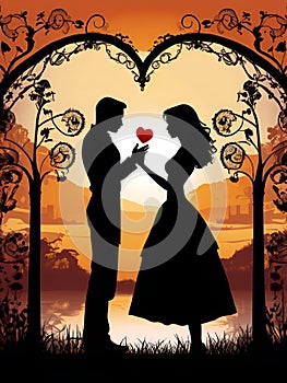 A silhouette of love couple, with romance, beautiful, magic, fantasy, garden, a heart, dramatic lighting, love scene