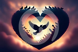 Silhouette of love heart with flying pigeons at sunset background. Generative AI