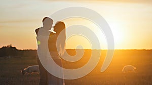 Silhouette of lovers hugging couples on a background of sunset and goats.