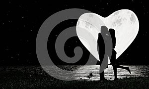 Silhouette Lovers Kissing Romanticly. Heart shap full moon and a star full of the sky as the background. The moon`s reflection is