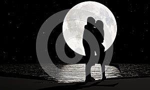 Silhouette Lovers Kissing Romanticly There is a full moon and a star full of the sky as the background. The moon`s reflection is