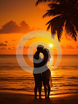 Silhouette of Lovers Romantic Kiss on the Beach photo