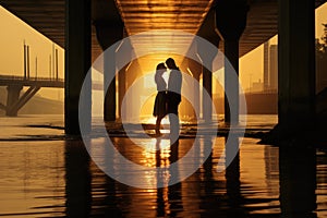 Silhouette of a loving couple kissing under the bridge in the evening, A couple\'s reflection on the water surface