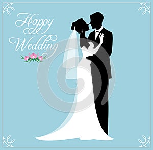 Silhouette of a loving couple of newlyweds groom and bride in we