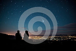 Silhouette of a loving couple sitting on the top of a mountain and watching the starry sky, rear view silhouettes of a couple