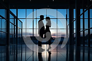 Silhouette of a loving couple standing in an office at sunset