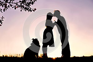 Silhouette of Loving Young Couple Kissing Under Tree at Sunset