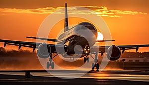 Silhouette of luxury private airplane taking off at sunset generated by AI