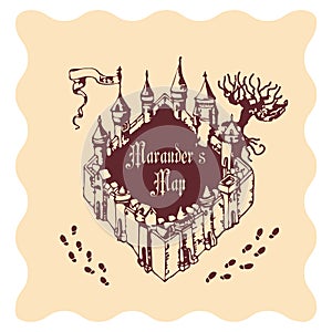 Silhouette of a magic castle and blank card