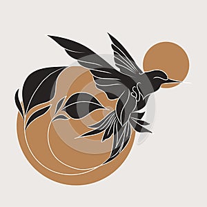 Silhouette of magical bird with flowers, vector set. Trendy line drawing. Abstract body art design for print, cover photo