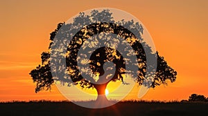 The silhouette of a majestic oak tree against a warm golden sunset casting a romantic glow over the rustic landscape. .