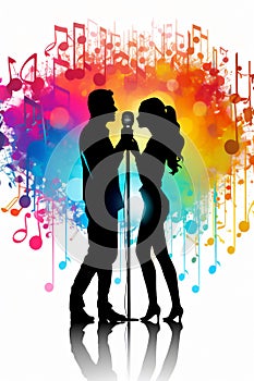 Silhouette of a male and female vocalists singing with microphones