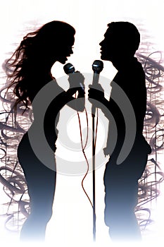 Silhouette of a male and female vocalists singing with microphones