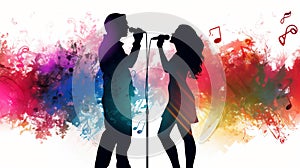 Silhouette of a male and female vocalists singing with microphones