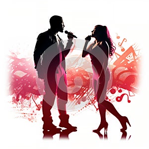 Silhouette of a male and female vocalists singing with microphones