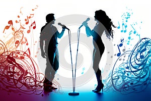 Silhouette of a male and female vocalists singing with microphones