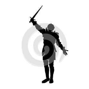 Silhouette of a male fighter with battle armor and sword weapon.