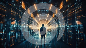 Silhouette of a male hacker in a server room. Neural network AI generated
