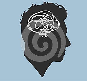 Silhouette of a male head. Flat illustration of face. Silhouette of a guy. Intrapersonal conflict. Depression. Entanglement.