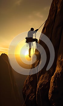 Silhouette of a male mount climber on the cliff at sunset. Risk and dangerous sport concept. Generative AI
