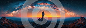 silhouette of male standing on top of mountain against background of starry night sky with Milky way and stars