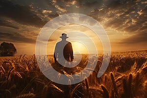 Silhouette of Man agronomist farmer in golden wheat field, The concept of harvesting in agriculture. A farmer walks through a