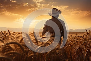 Silhouette of Man agronomist farmer in golden wheat field, The concept of harvesting in agriculture. A farmer walks through a