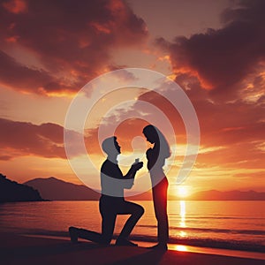 silhouette of a man asking a woman to marry him city sunset - marriage proposal. ai generative