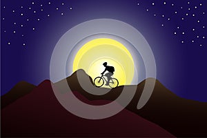 Silhouette of a man with a back pack riding the bicycle in the mountains against huge moon