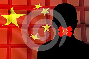 Silhouette of a man on the background of the Chinese flag and prison bars. Concept: Restriction of freedom of speech, repression,