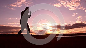Silhouette of man boxing with shadow on the beatch at sunset intentional sun flare and vintage color. Man Engaged In Melee Combat