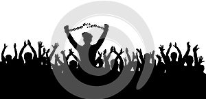 Silhouette of man breaking chain of handcuffs on background of cheerful crowd people. Concept of freedom. Vector illustration