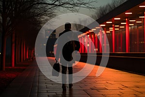 silhouette of a man with a briefcase walking along a walkway at night