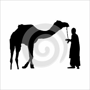 silhouette of a man with a camel, on a white background