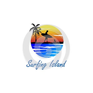 Silhouette of a man carrying a surf board, beach logo, circle shape