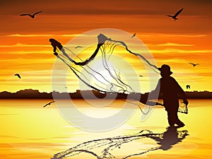 Silhouette of man catching the fish in twilight.