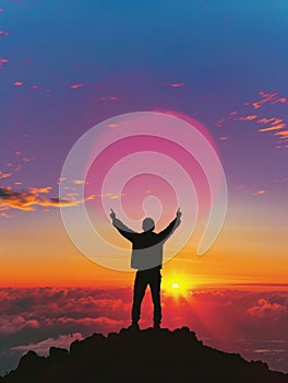 The silhouette of a man cheerful raise in his hand on the top of the mountain During sunset time