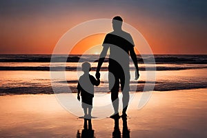 Silhouette of a man and a child boy on the beach.