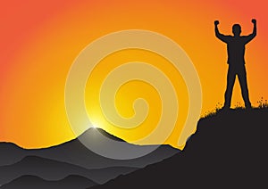 Silhouette of man on the cliff with fists raised up on golden sunrise background, successful, achievement and winning concept