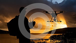 Silhouette of a man controls a drone