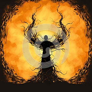 Silhouette of a man covered with roots on the back of a fire flame