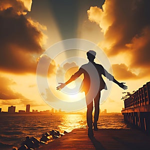 Silhouette of man dancing on the beach at sunset background.